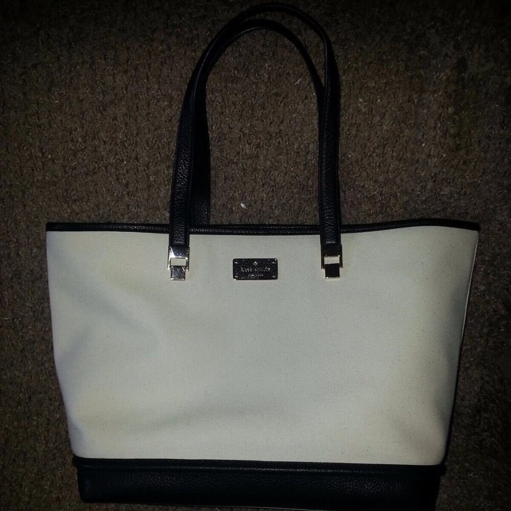 KATE SPADE-Oliver Street-Taren-Canvas Shoulder Bag-TOTE-Natural & Dark Navy-NWOT